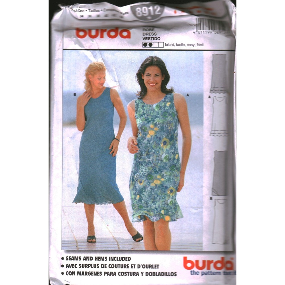 Burda 8912 Sewing Pattern Misses Bias Cut Dress Ruffle Hem Size 8-18 UNCUT